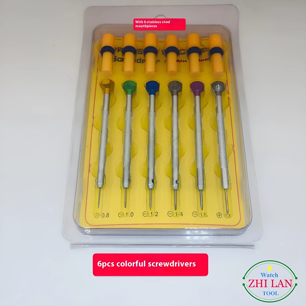 Six colour-coded watch repair screwdrivers with aluminium handles arranged in a set.