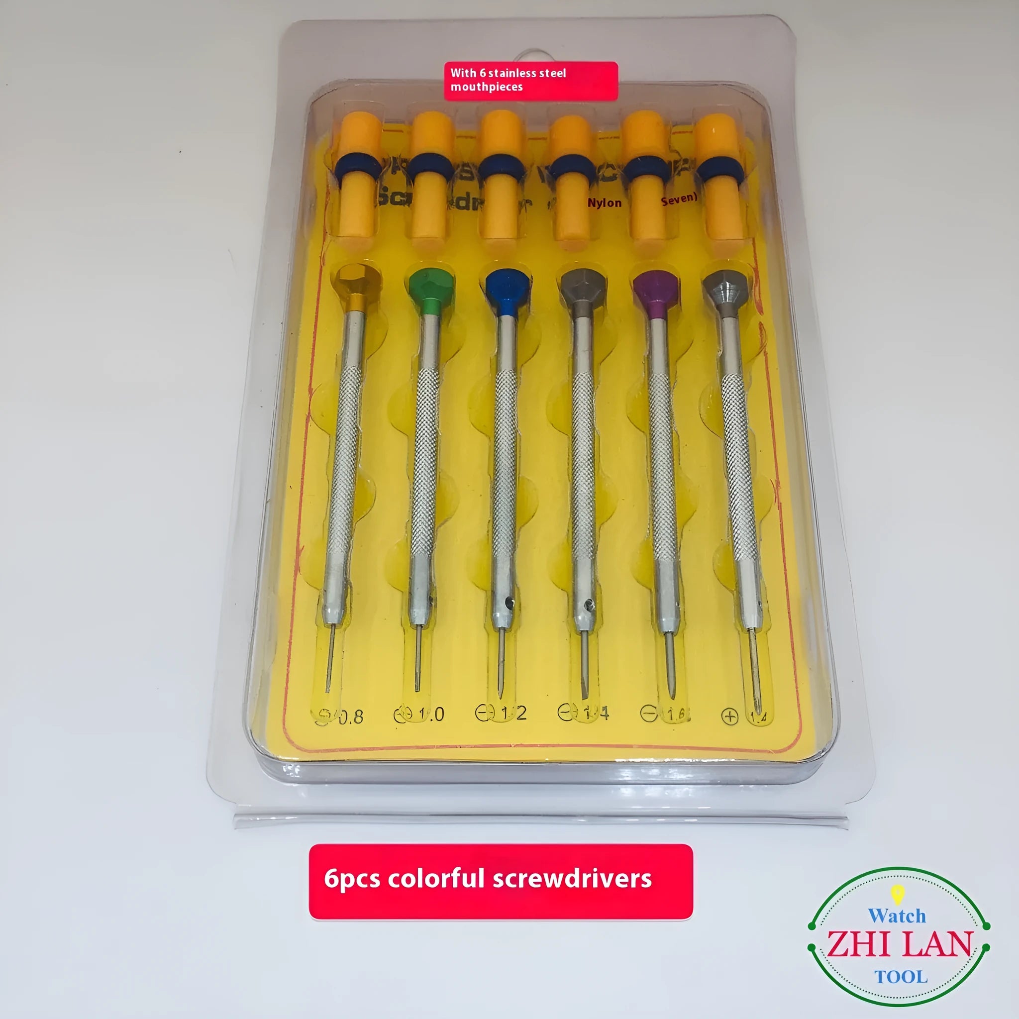 Six colour-coded watch repair screwdrivers with aluminium handles arranged in a set.