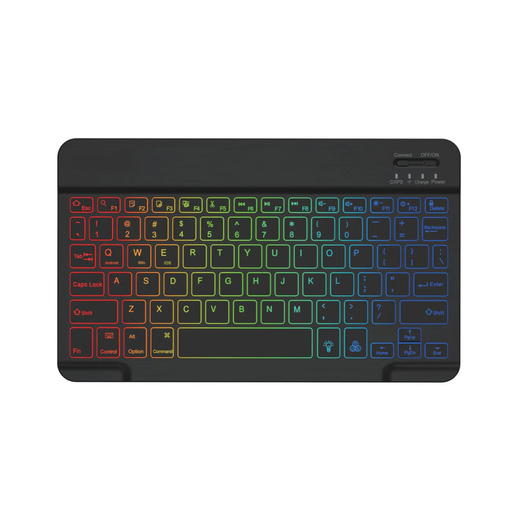 10-inch wireless Bluetooth keyboard with colourful backlighting for tablets, shown in black case.