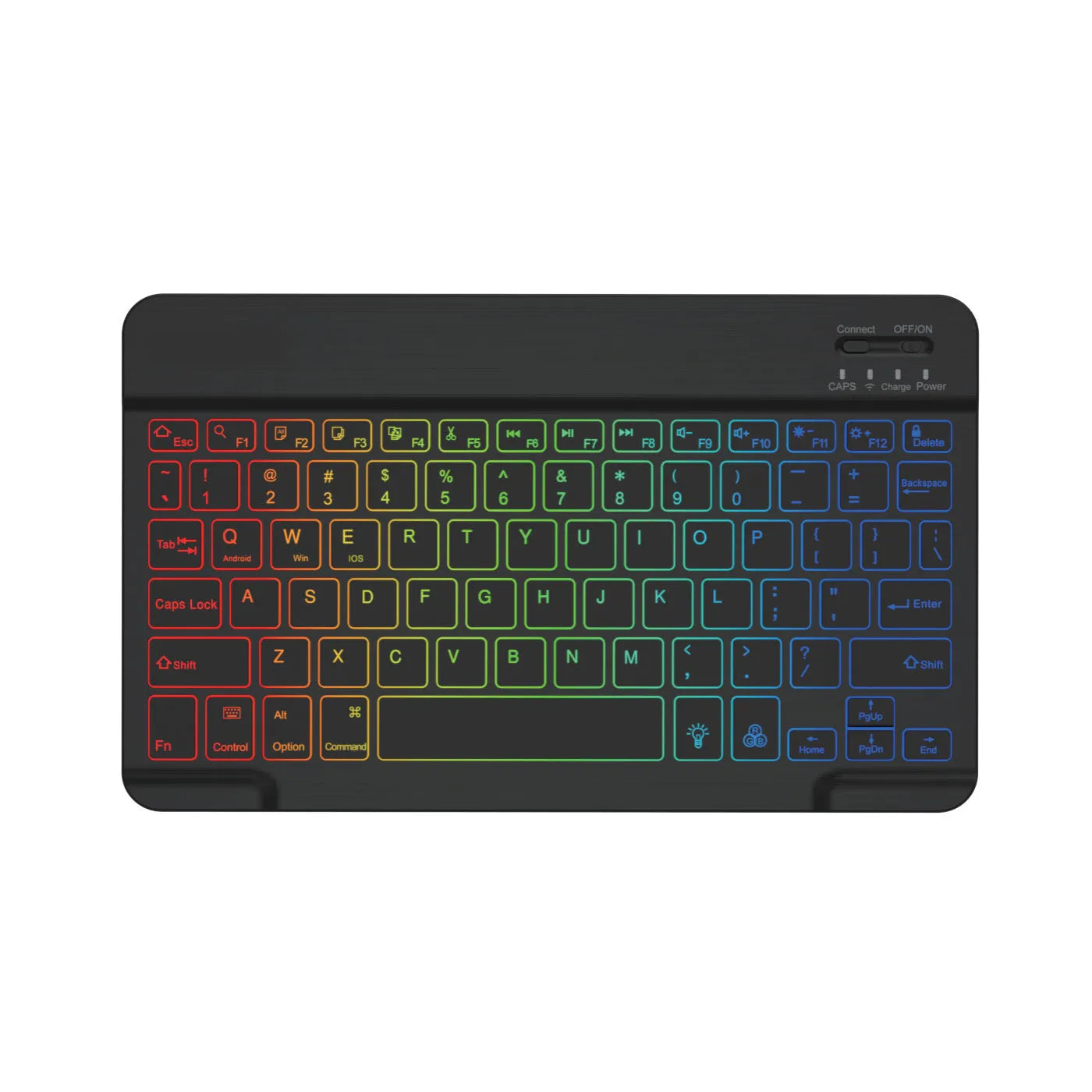 10-inch wireless Bluetooth keyboard with colourful backlighting for tablets, shown in black case.