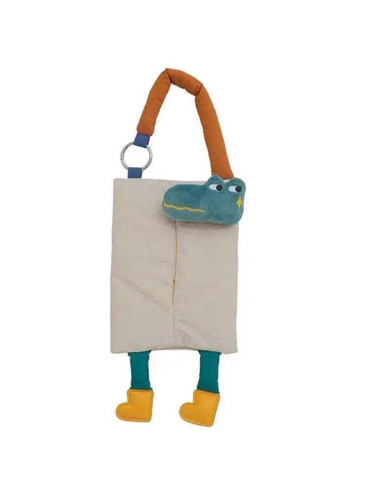 Plush hanging car tissue bag in hat dog or baby crocodile design measuring 25 by 19 centimetres