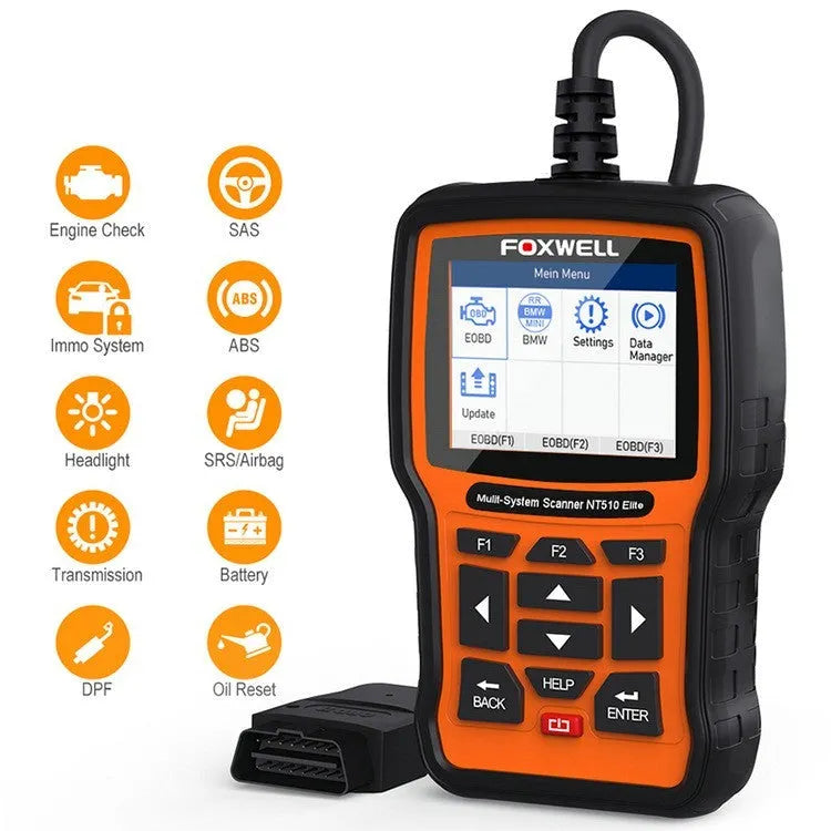 Orange and black Foxwell NT510 automotive diagnostic scanner with OBD2 connector and colour screen