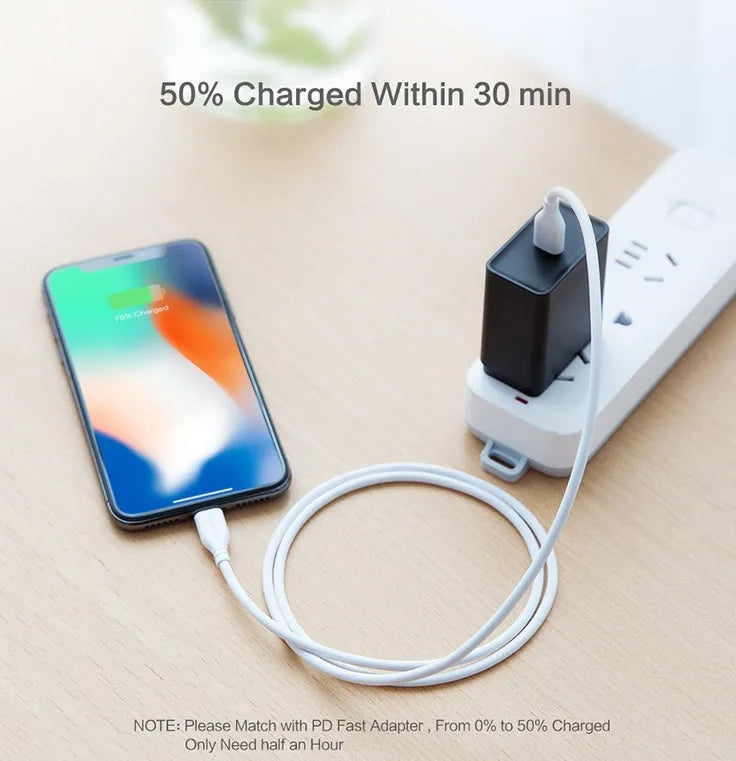 White USB-C to Lightning charging cable for iPhone, 1 metre length