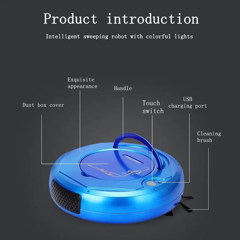 Lazy Smart floor sweeping robot vacuum cleaner in blue, black, or white colour on a hard tile floor