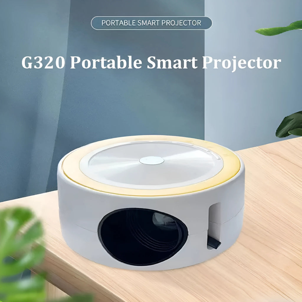 YT200 portable LED projector in black, white, yellow and white, or blue and white colours with remote control