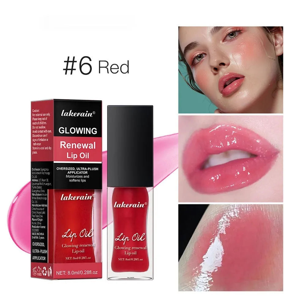 Glow Lip Gloss nourishing lip oil in 8ml bottle, shown in Coral, Clear, Honey, Jam, Pink, Red, and Rose colours.