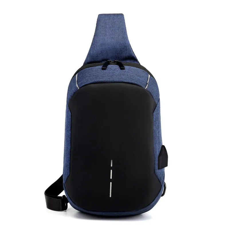Dark blue Oxford cloth waterproof chest bag with zipper and adjustable strap, showing internal mobile phone pouch.