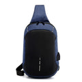 Dark blue Oxford cloth waterproof chest bag with zipper and adjustable strap, showing internal mobile phone pouch.