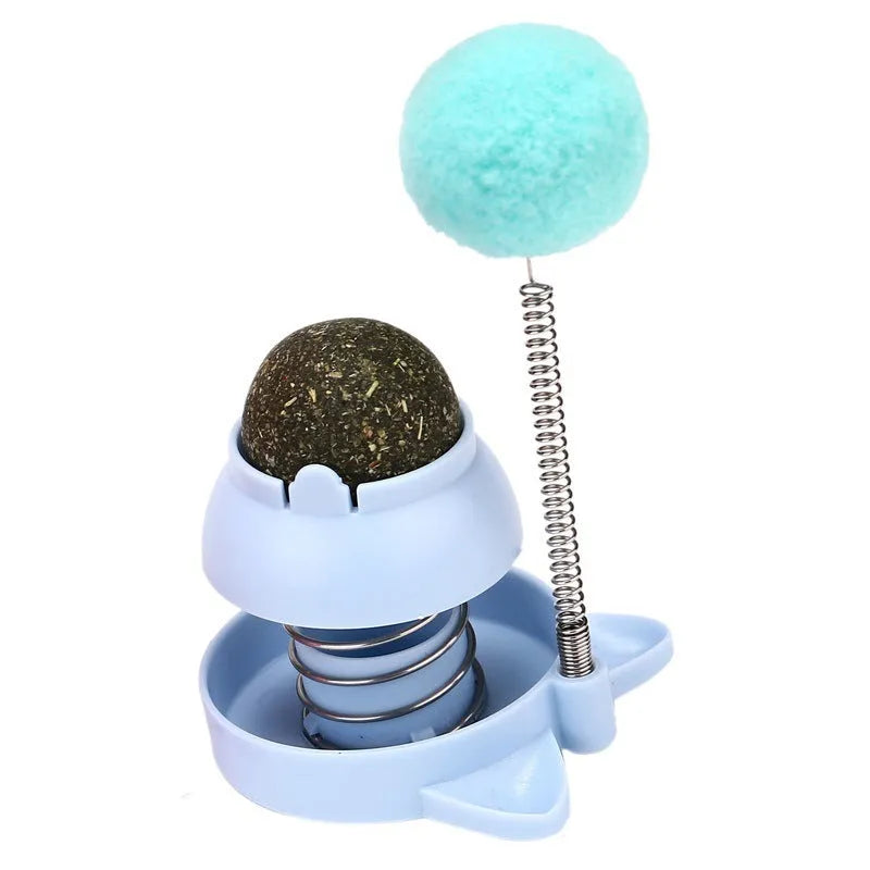 Blue interactive cat toy stick with mint ball for hairball relief and teeth cleaning