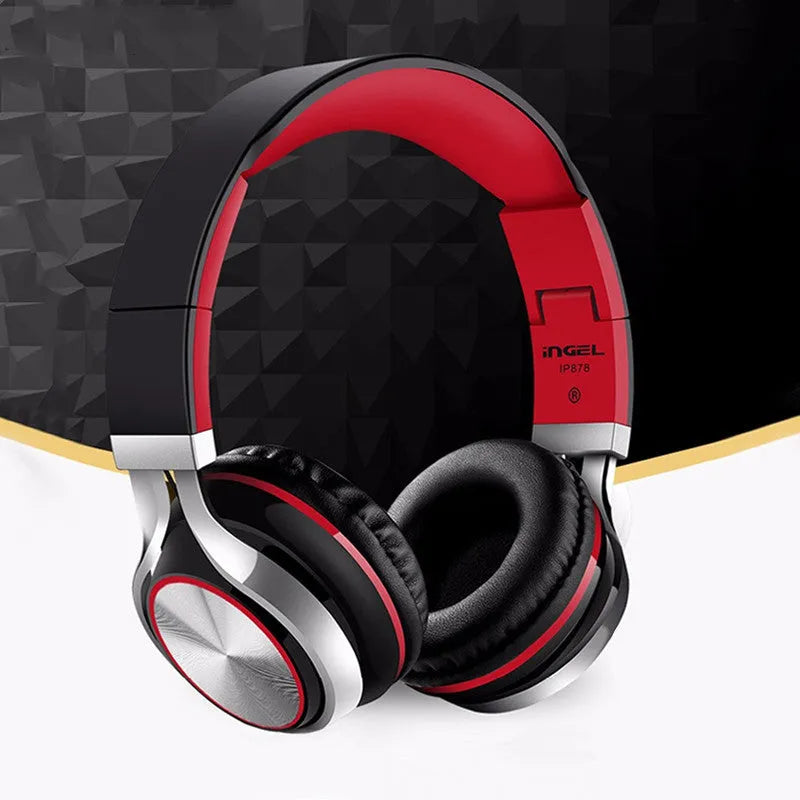Black folding Bluetooth headset with over-ear cups shown in open and closed positions
