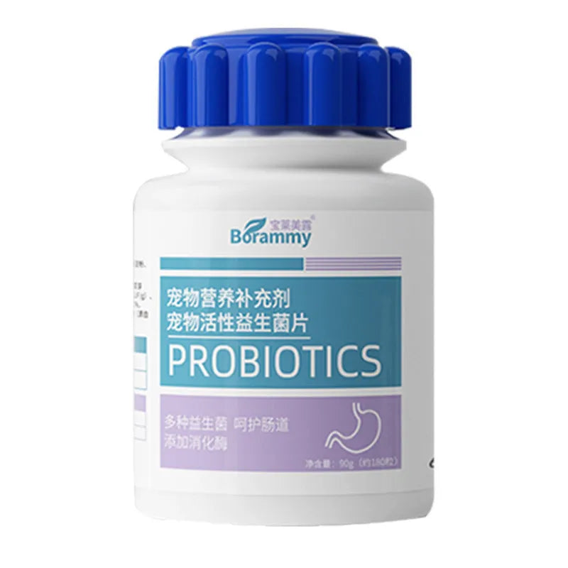 Bottle of 180 pet probiotic tablets for dog and cat digestive health.