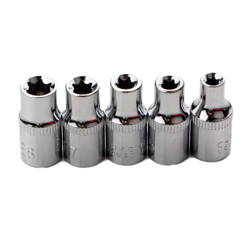 Red box containing a 14-piece chrome vanadium steel E-type socket set for auto and mechanical repair.