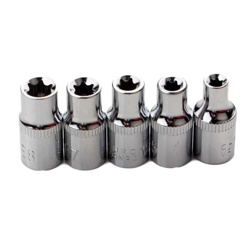 Red box containing a 14-piece chrome vanadium steel E-type socket set for auto and mechanical repair.