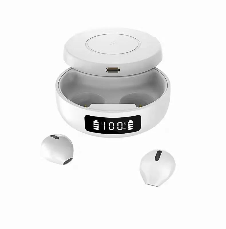 Mini black and white semi-in-ear wireless headphones with a compact charging case.