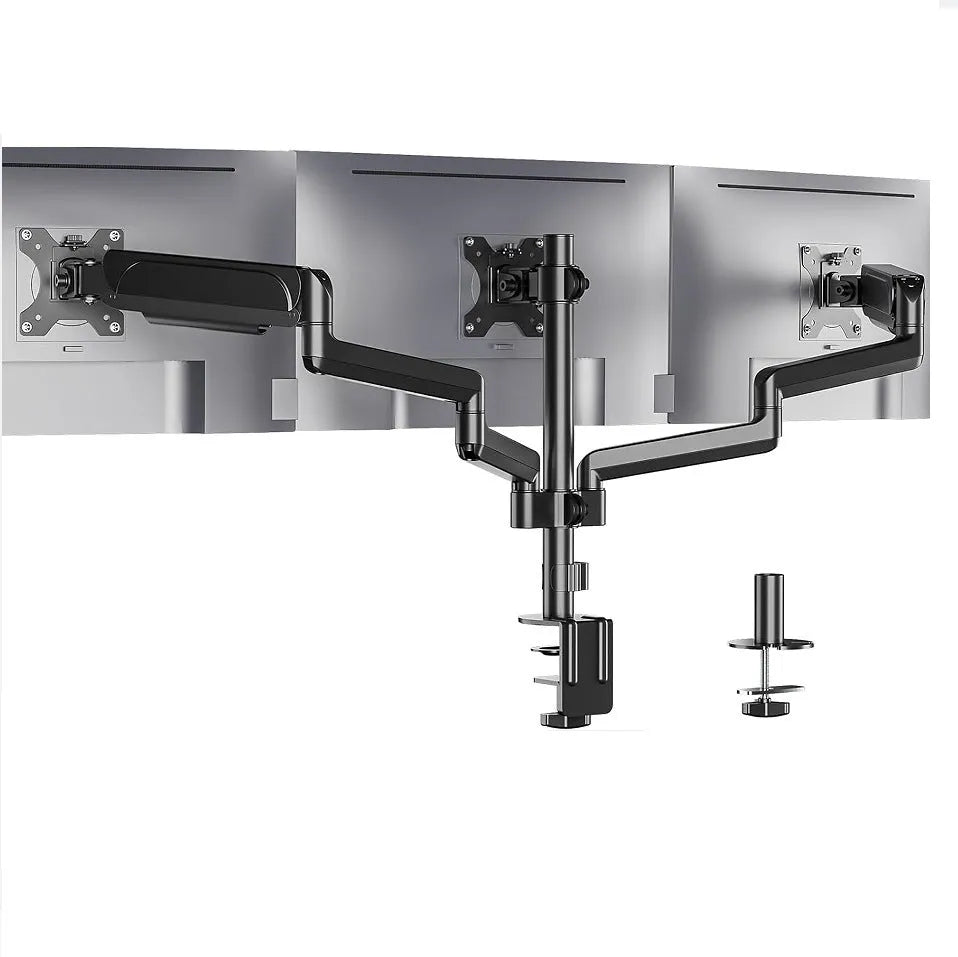 Black three-arm gas spring monitor arm for 13 to 27 inch computer screens