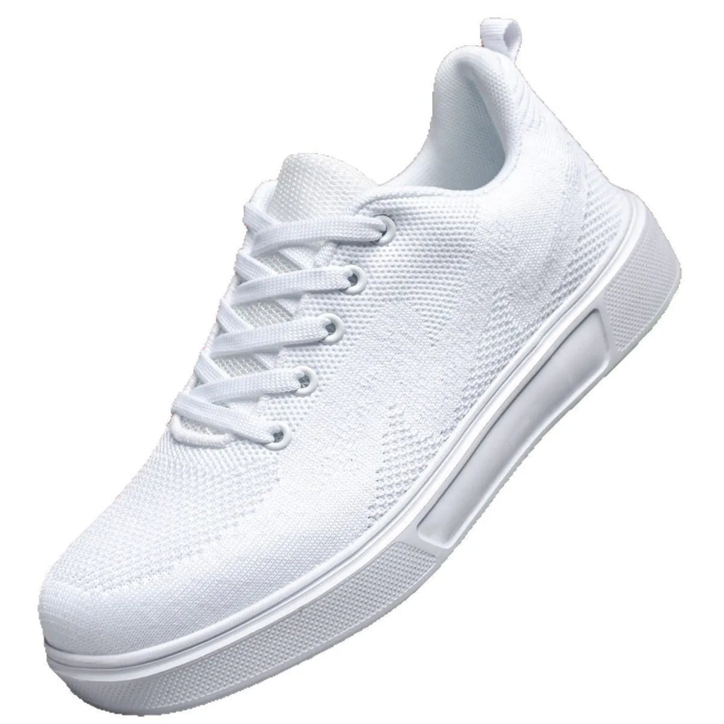 Light white and black mesh casual sneakers with flat EVA soles and round toes on a white background.