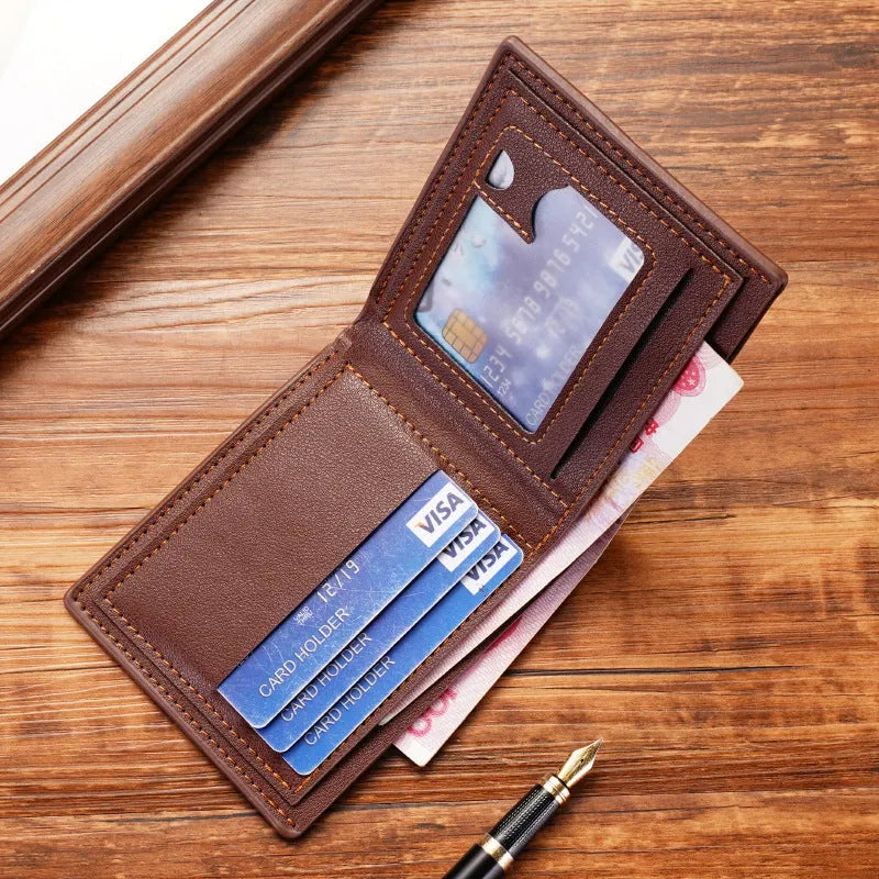 Men's thin three-fold horizontal wallet with multiple card slots in soft PU leather