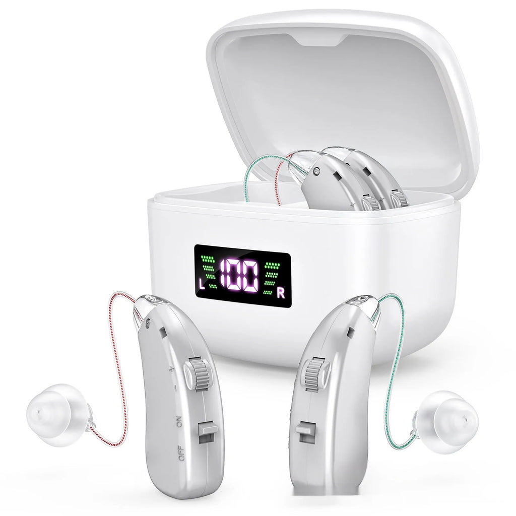 Silver USB rechargeable hearing aid for elderly with noise reduction