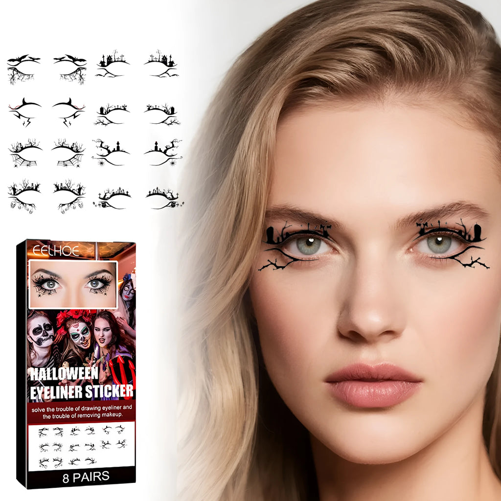 Eight pairs of bat and spider design eyeliner stickers for decorative Halloween makeup