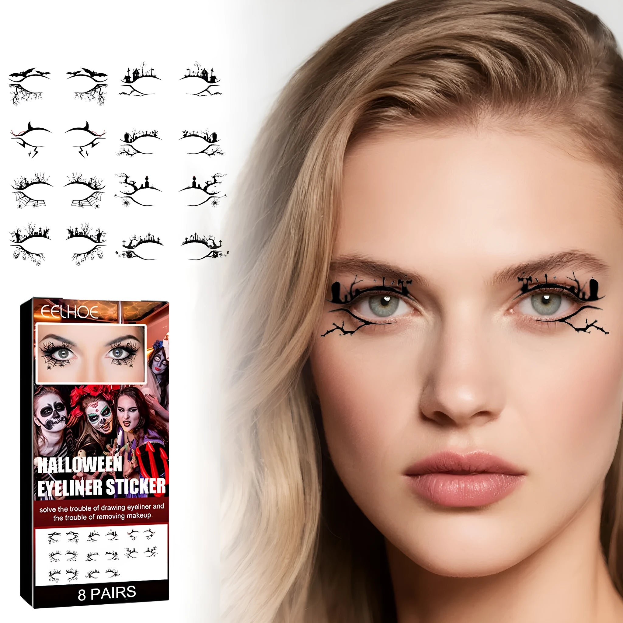 Eight pairs of bat and spider design eyeliner stickers for decorative Halloween makeup