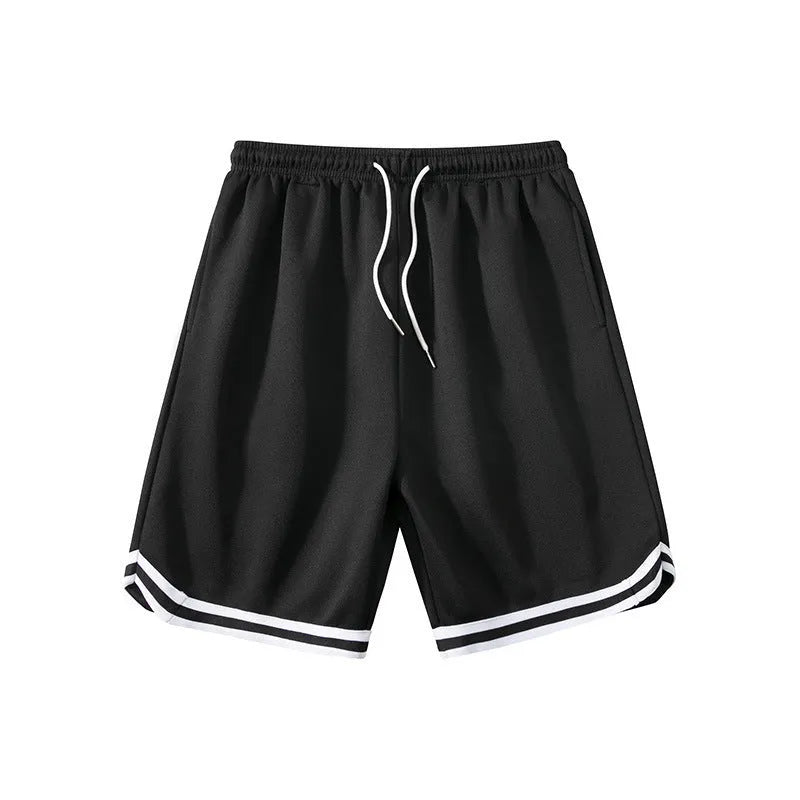 Men's loose fit polyester sports shorts in various colours on a size chart background
