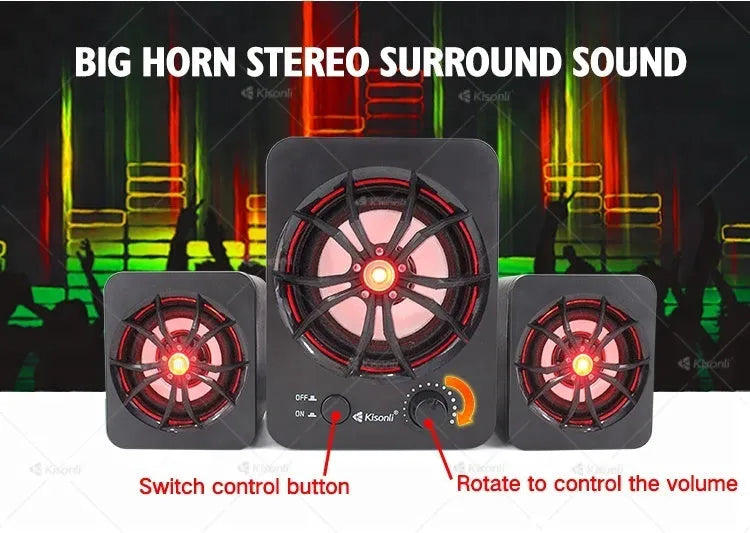 Green 2.1 USB computer speaker with colourful LED lights showing USB and 3.5mm audio ports