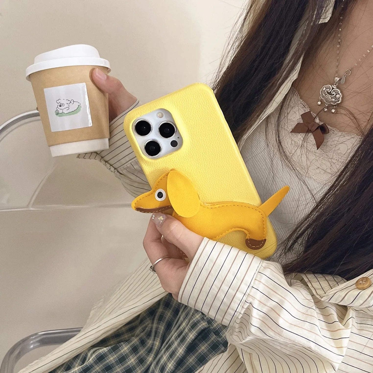 Creative three-dimensional leather sausage dog phone case for Apple iPhone in yellow anti-fall design