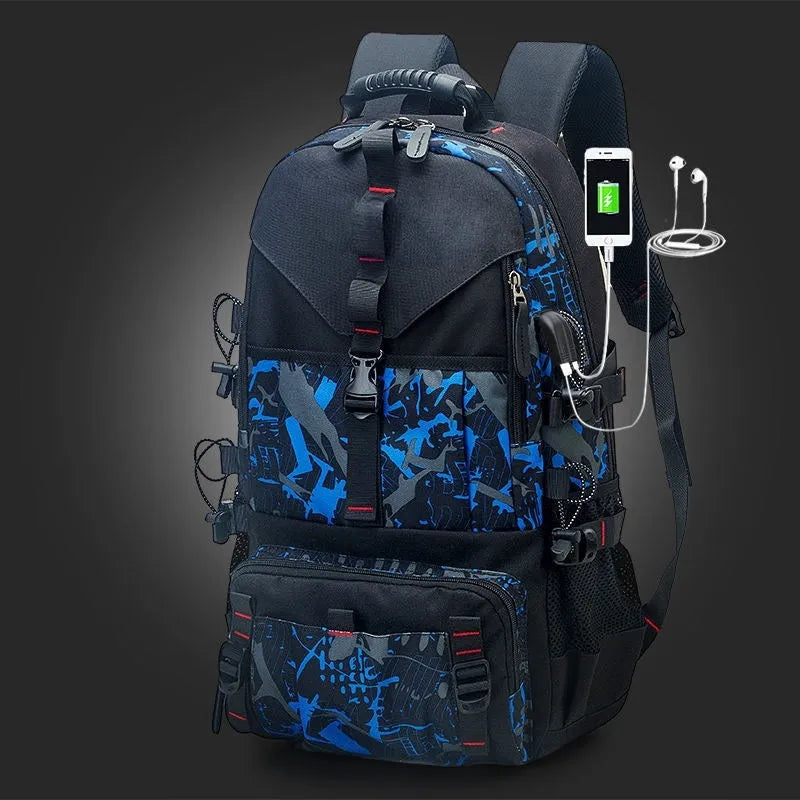 Men's waterproof Oxford cloth hiking backpack showing 56-75 litre capacity and air-pillow belt system