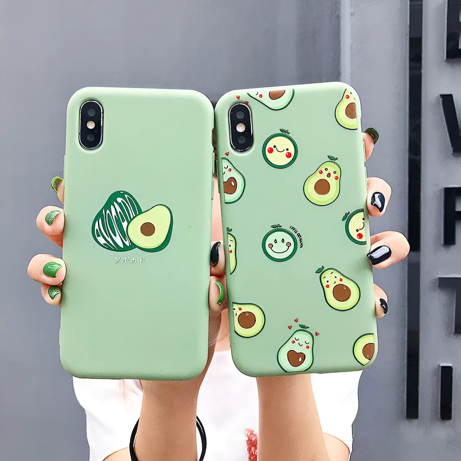 Avocado cartoon design on a green flexible TPU case for an Apple iPhone.