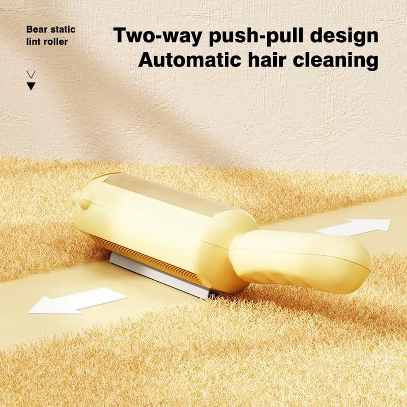 Blue reusable pet hair remover tool with self-cleaning base for furniture and car seats.
