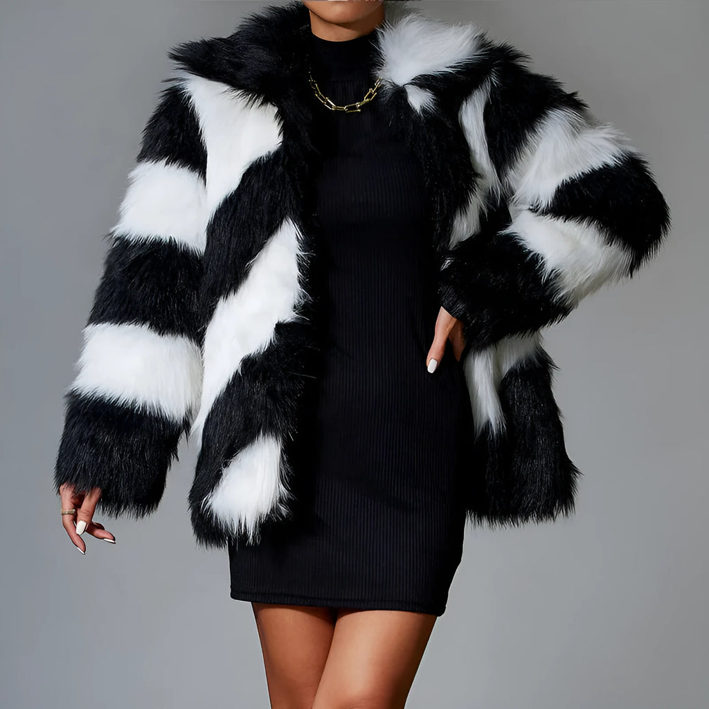 Women's picture colour faux fur coat with a contrasting lapel and a fur collar