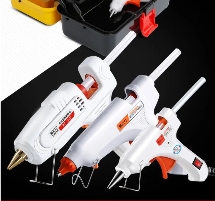 White electric hot melt glue gun with safety switch, anti-heat guard, and metal stability bracket