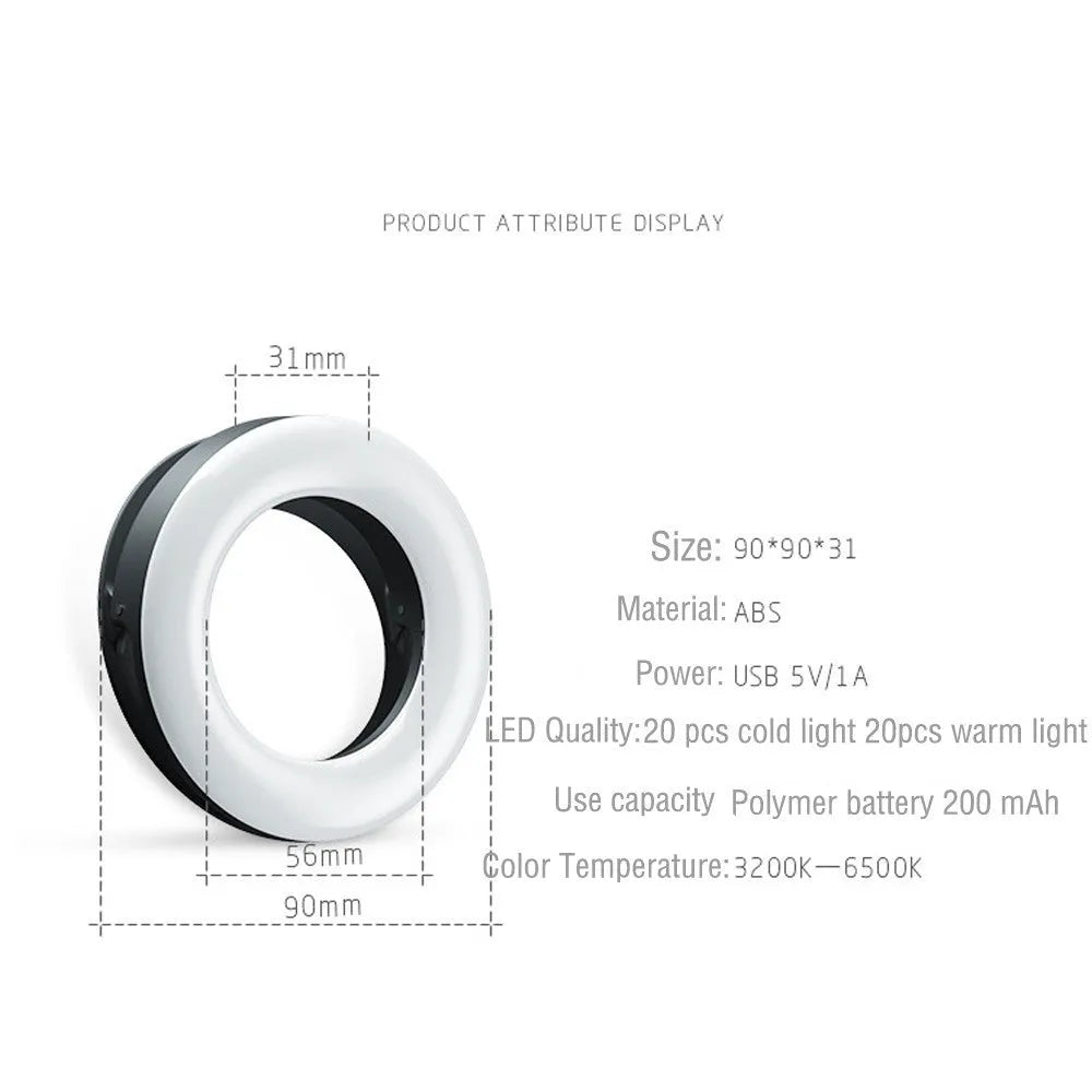 LED selfie ring light for mobile phones with USB charging cable
