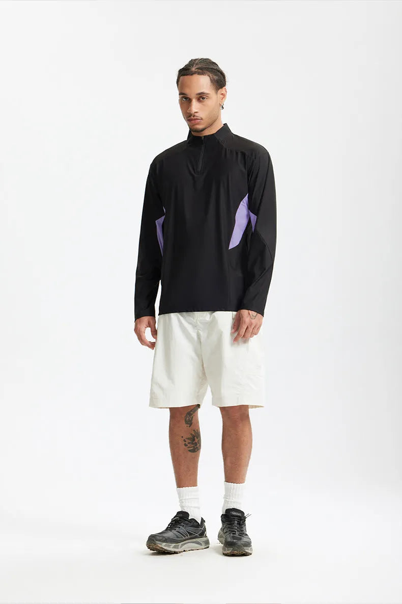 Men's lightweight polyester casual top in black and beige colour options with long and short sleeve variations