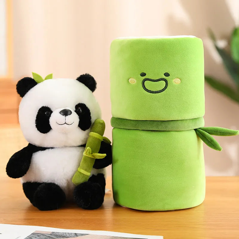Black and white panda plush doll holding green bamboo tube, soft toy with PP cotton filling
