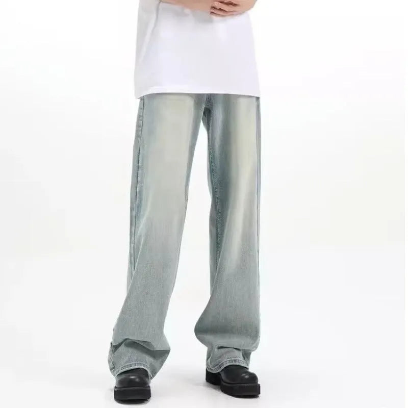 Blue loose-fit retro casual trousers made from rabbit fur, shown in a relaxed pose.