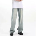 Blue loose-fit retro casual trousers made from rabbit fur, shown in a relaxed pose.