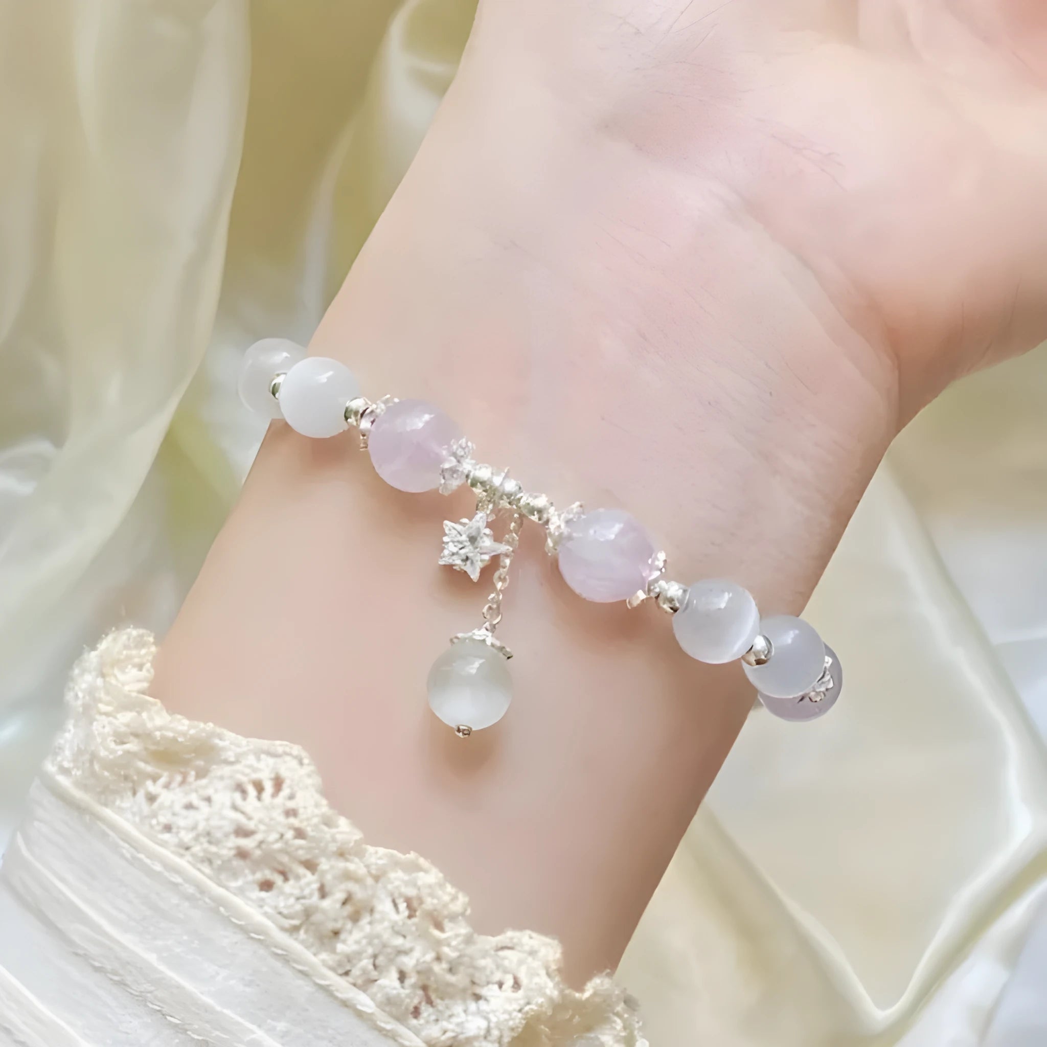 Handmade opal amethyst crystal bracelet with moon-shaped beads over 20mm
