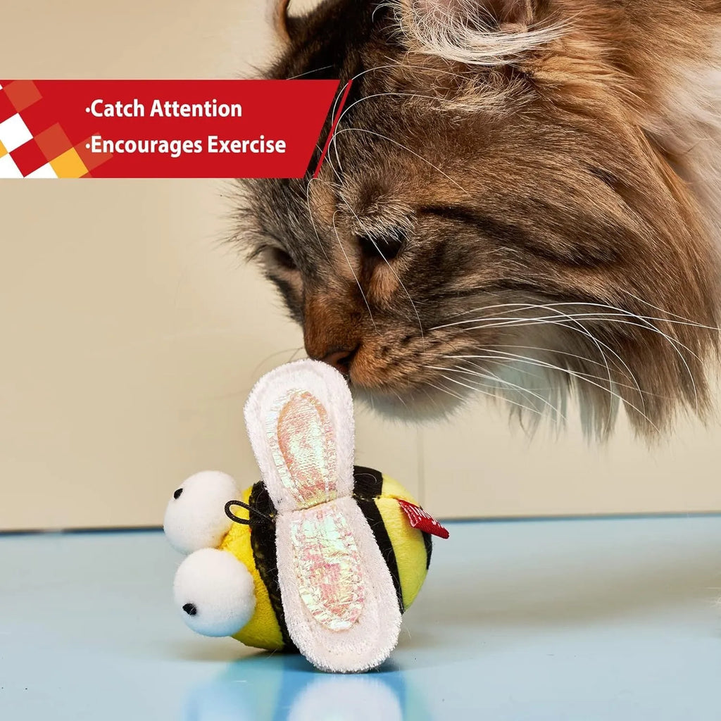 Yellow bee-shaped electronic cat toy with motion-activated squeaking for interactive play