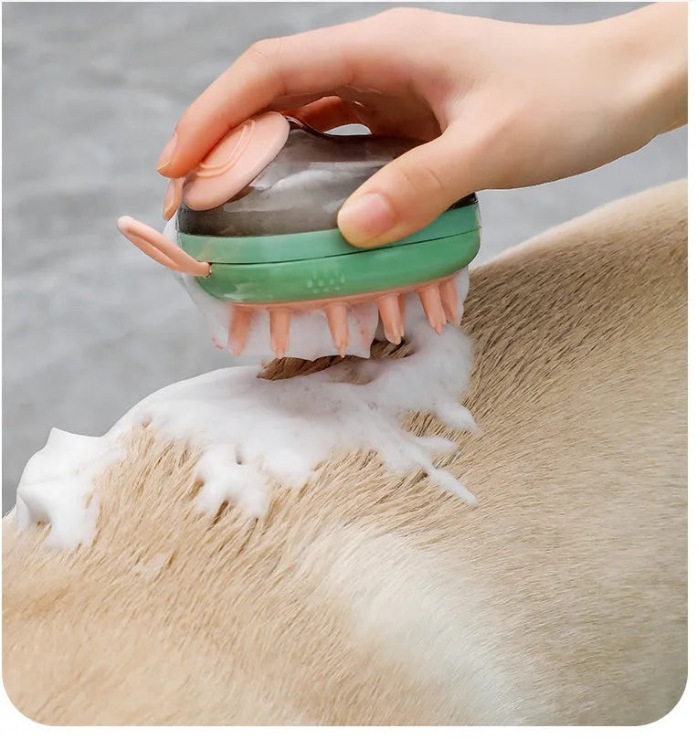Blue and green pet grooming brush with shampoo dispenser and silicone massage bristles for dogs and cats