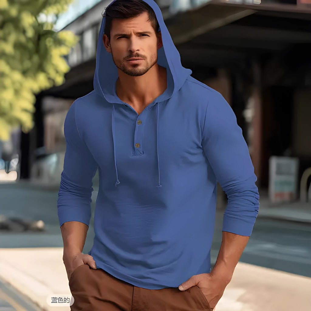 Men's casual cotton hoodie top in dark blue colour showing pullover design with long sleeves