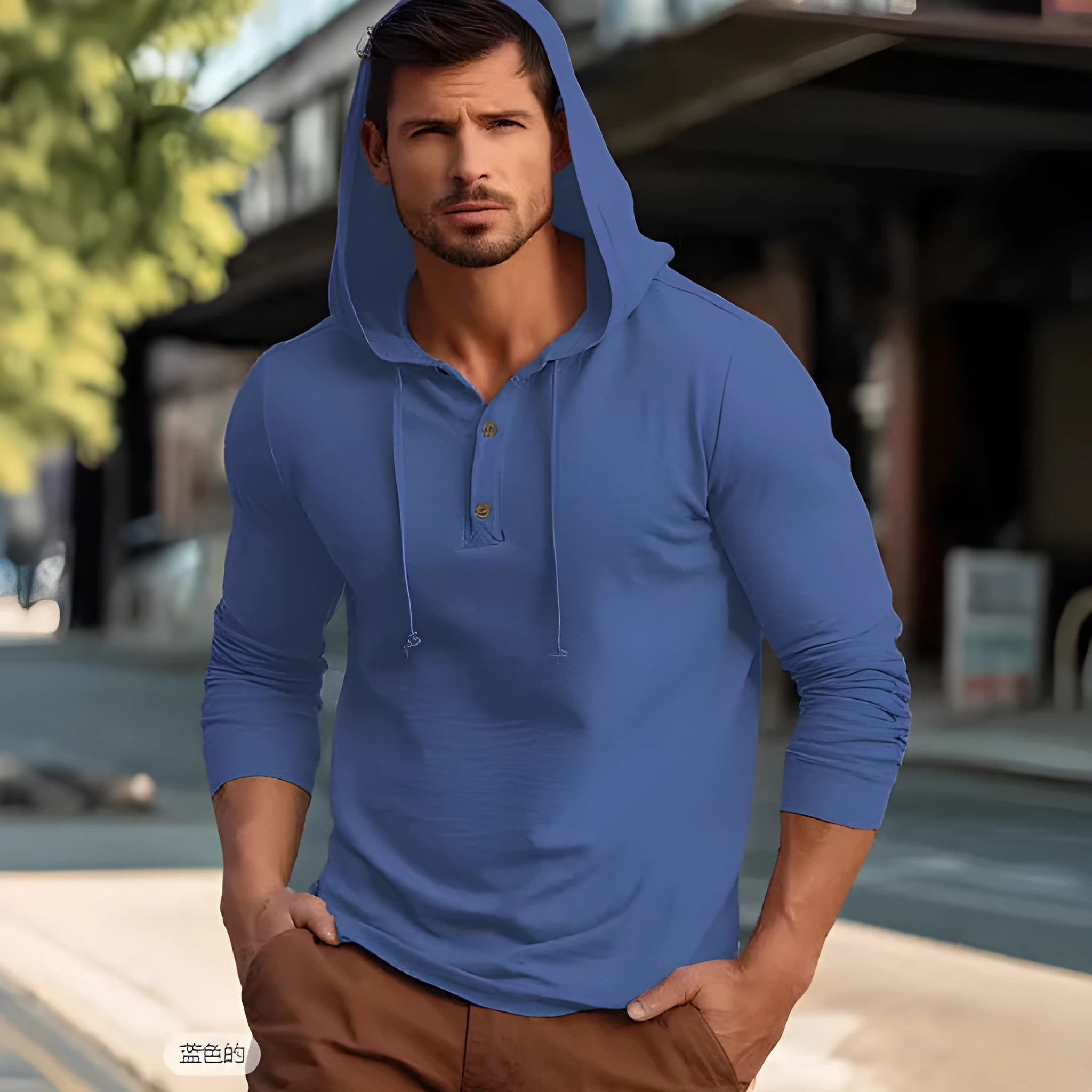 Men's casual cotton hoodie top in dark blue colour showing pullover design with long sleeves