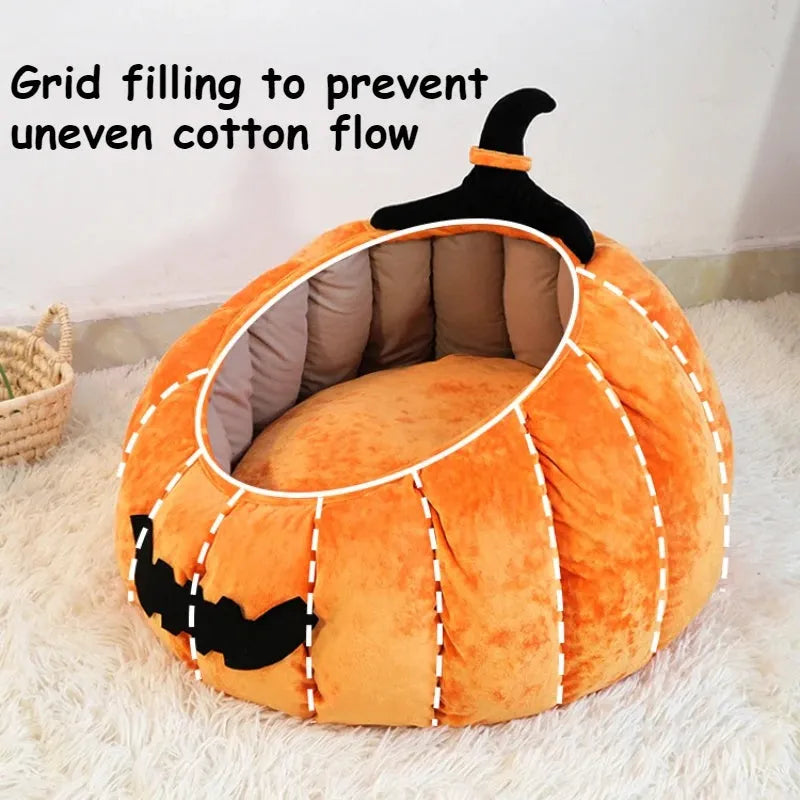 Orange plush Halloween pumpkin cat bed with cartoon devil face for small dogs