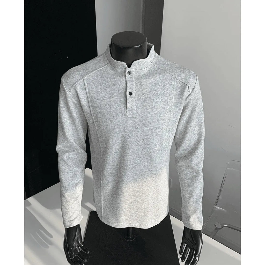 Men's loose fit polo shirt with patchwork stand-up collar and asymmetrical design in grey and black colours