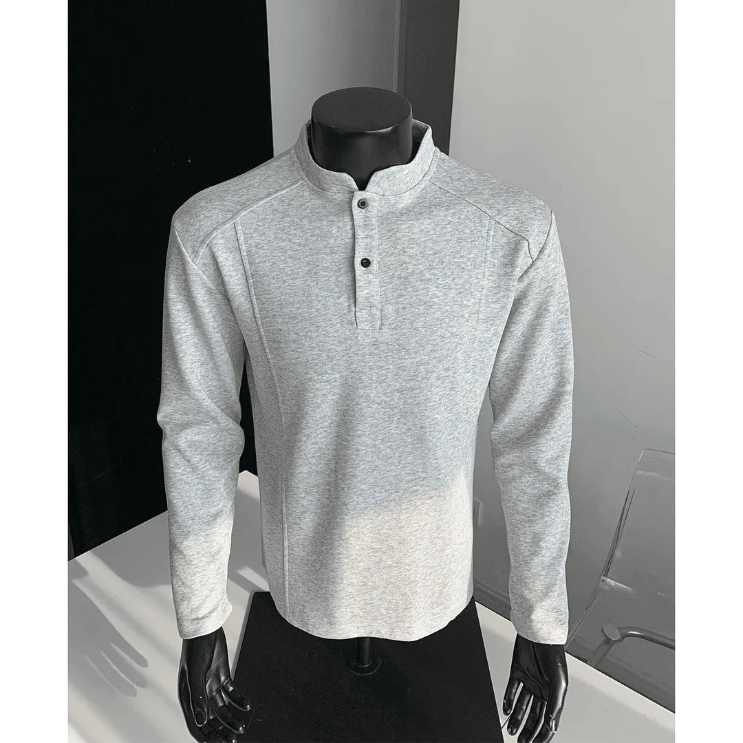 Men's loose fit polo shirt with patchwork stand-up collar and asymmetrical design in grey and black colours