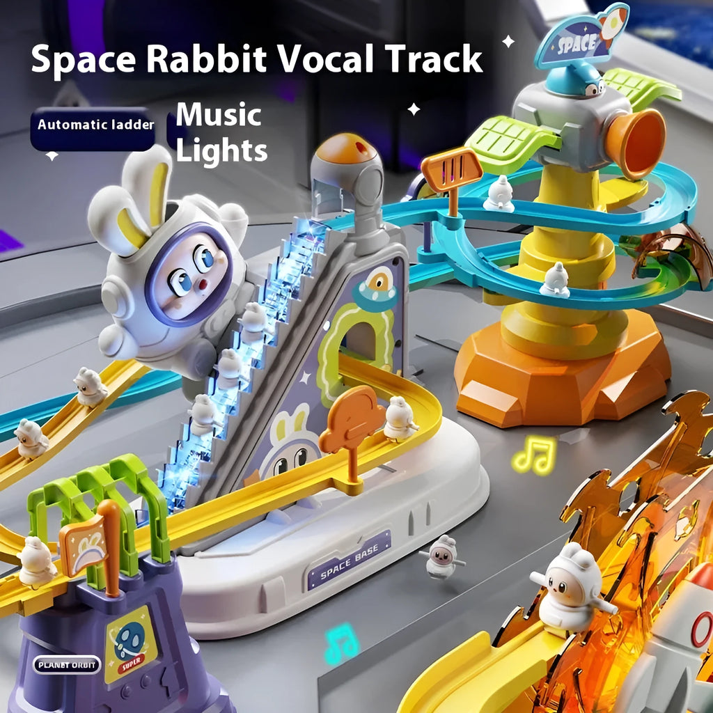 Children's space rabbit electric track toy with climbing stairs and multiple rabbit figures