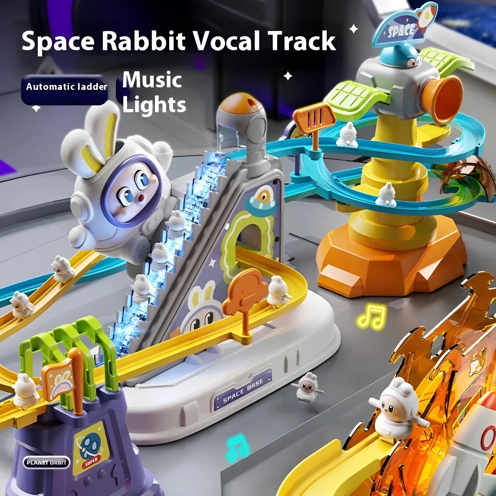 Children's space rabbit electric track toy with climbing stairs and multiple rabbit figures