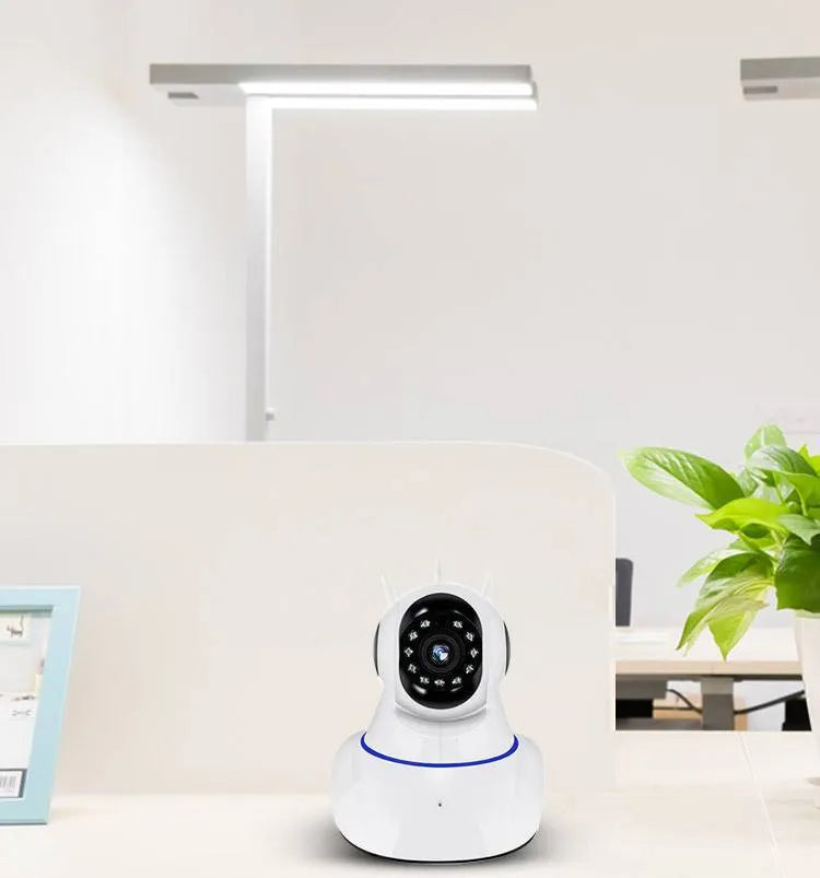 White wireless dome security camera for indoor and outdoor HD video surveillance.