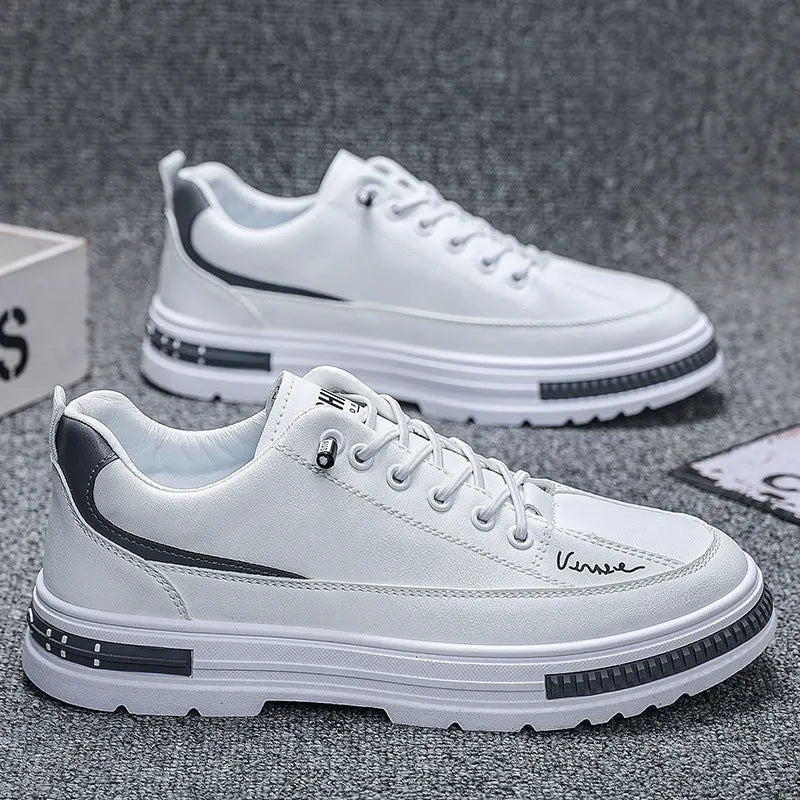 Men's white and black platform sneakers with elastic band closure and artificial PU upper