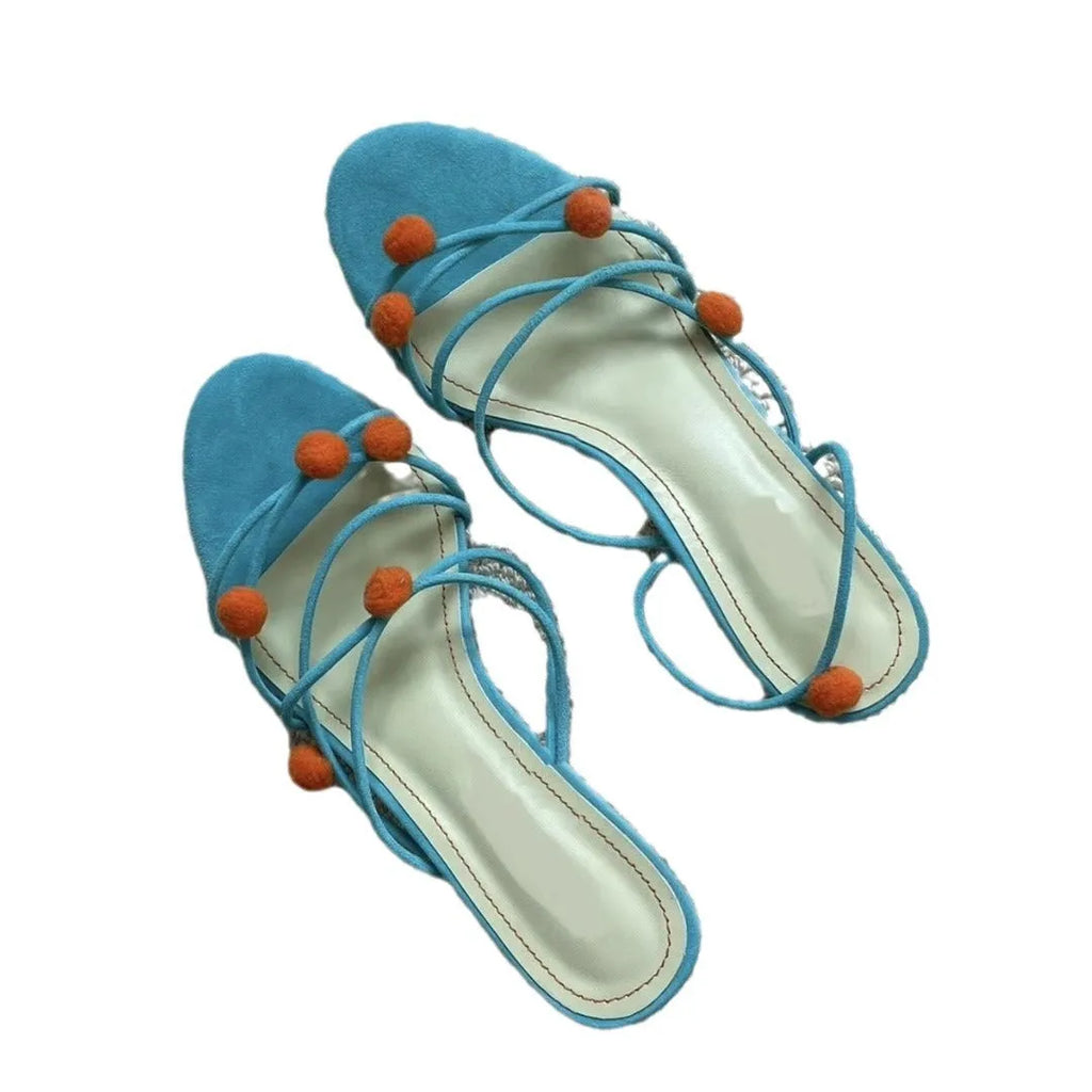 Cyan genuine leather lace-up high-heeled sandals with thin straps and open toe